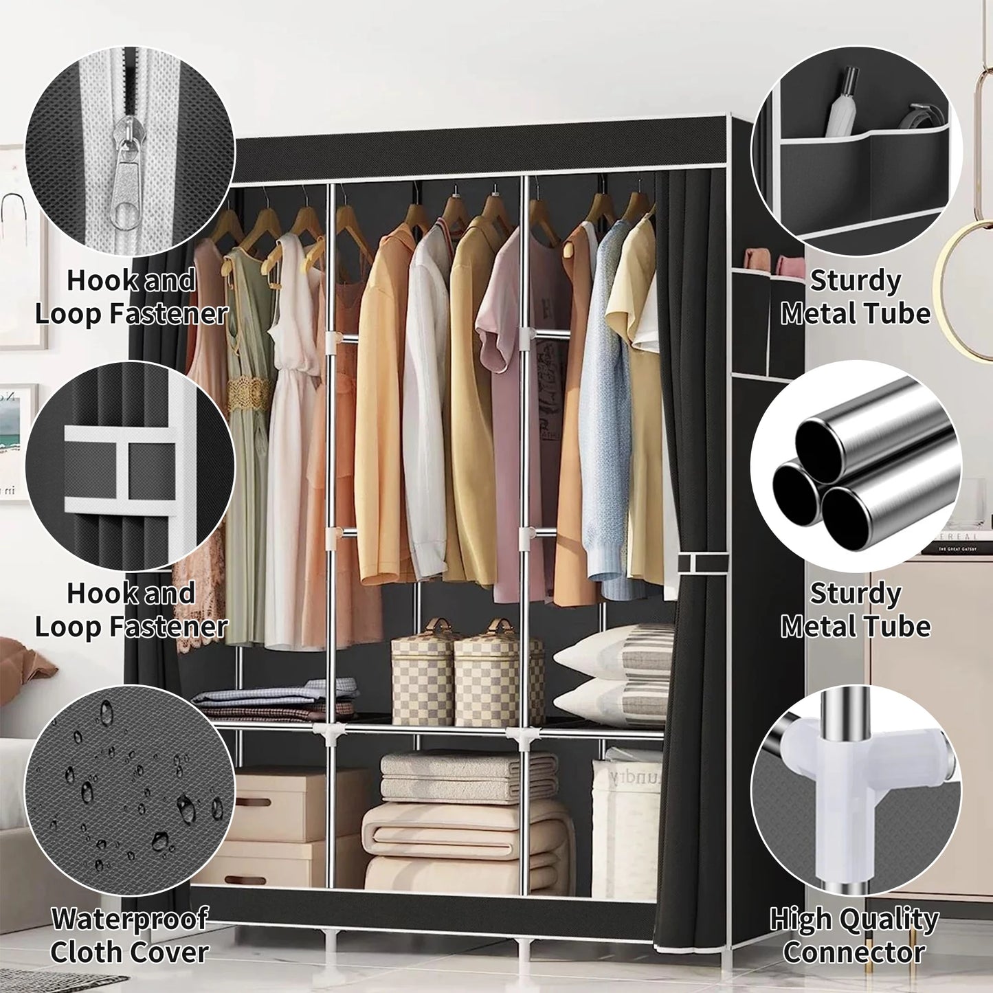 Portable Large Fabric Canvas Wardrobe with Clothes Hanging Rail Shelving Storage Closet Closet Rack Shelves