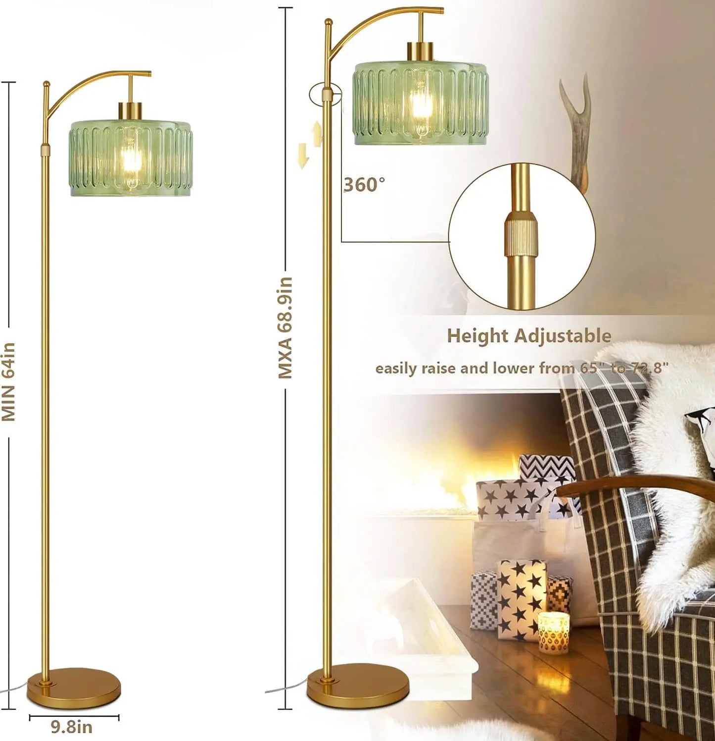 Gold Dimmable Floor Lamp with Remote, Mid-Century Modern Brass Standing Light for Living Room Bedroom