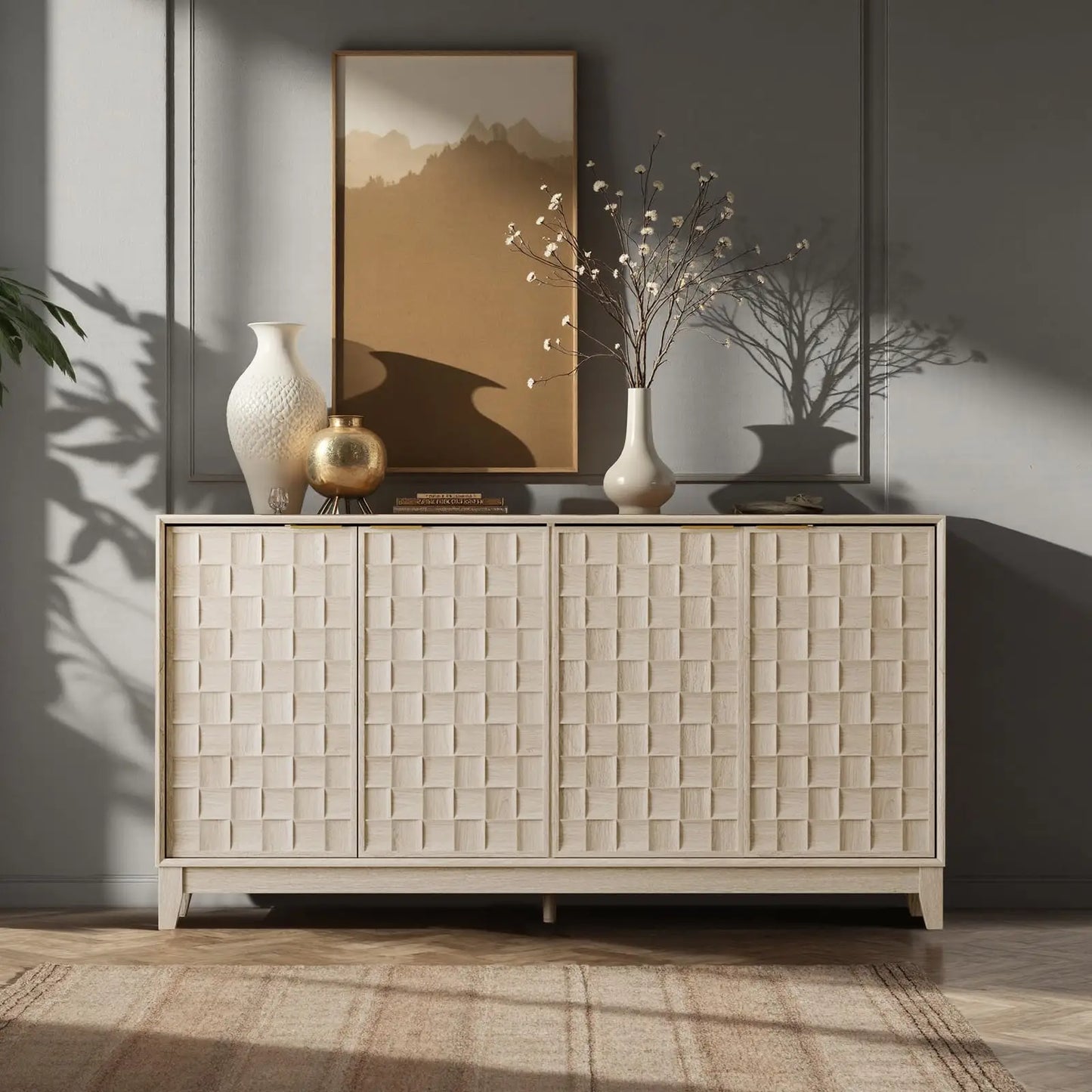 Modern 4 Door Sideboard With Checkerboard Design Solid Wood Legs