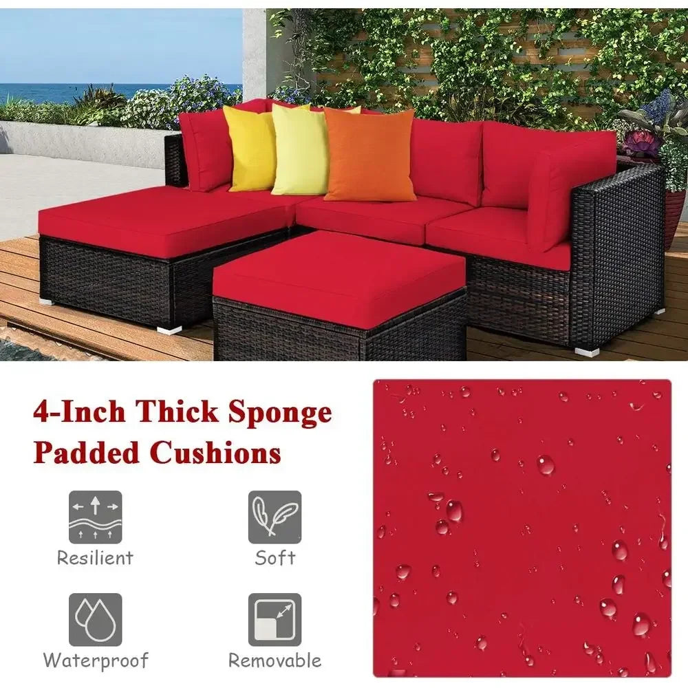 5 Piece Outdoor Patio Furniture Set With Cushioned Rattan Sectional