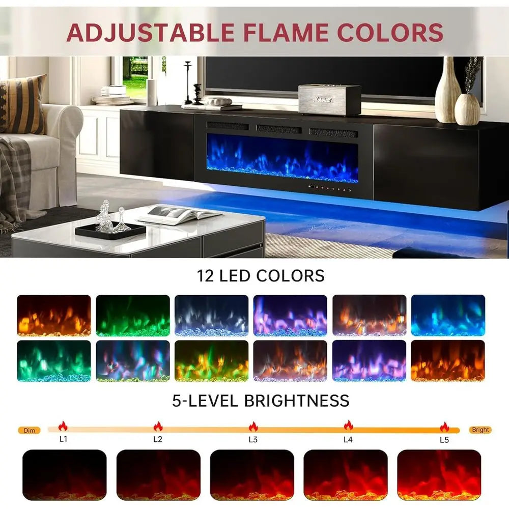 80'' Floating TV Stand with 40" Electric Fireplace, Modern TV Console Cabinet Wall Mounted, Media Entertainment Center, Adjustab