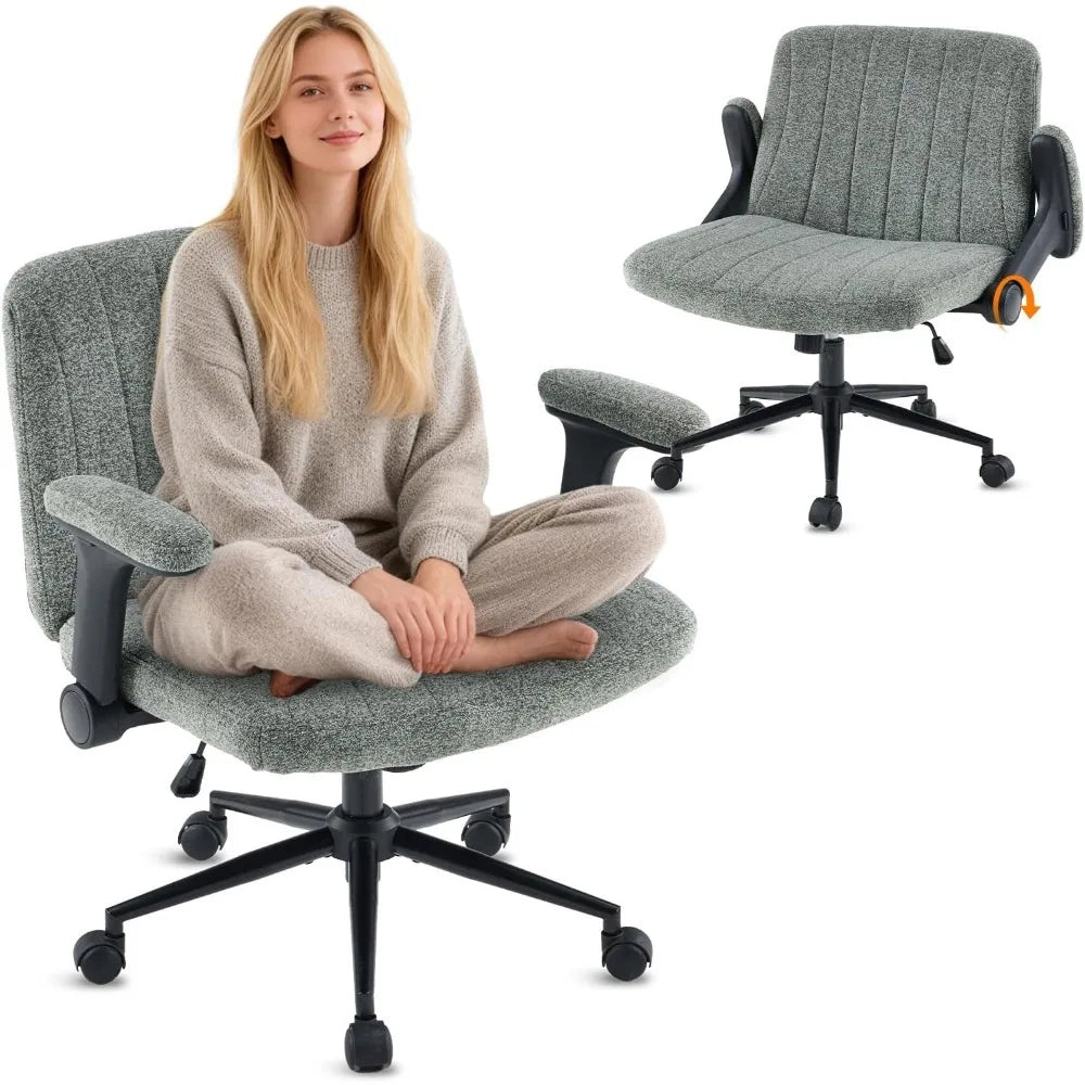 Criss Cross Chair with Adjustable Flip-Up Arms,Cross Legged Chair with Wheels, Extra Wide Office Chair,Cozy Desk Chair
