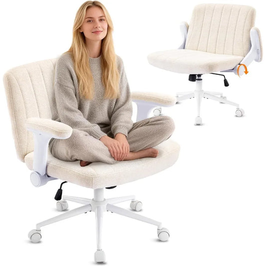 Criss Cross Chair with Adjustable Flip-Up Arms,Cross Legged Chair with Wheels, Extra Wide Office Chair,Cozy Desk Chair