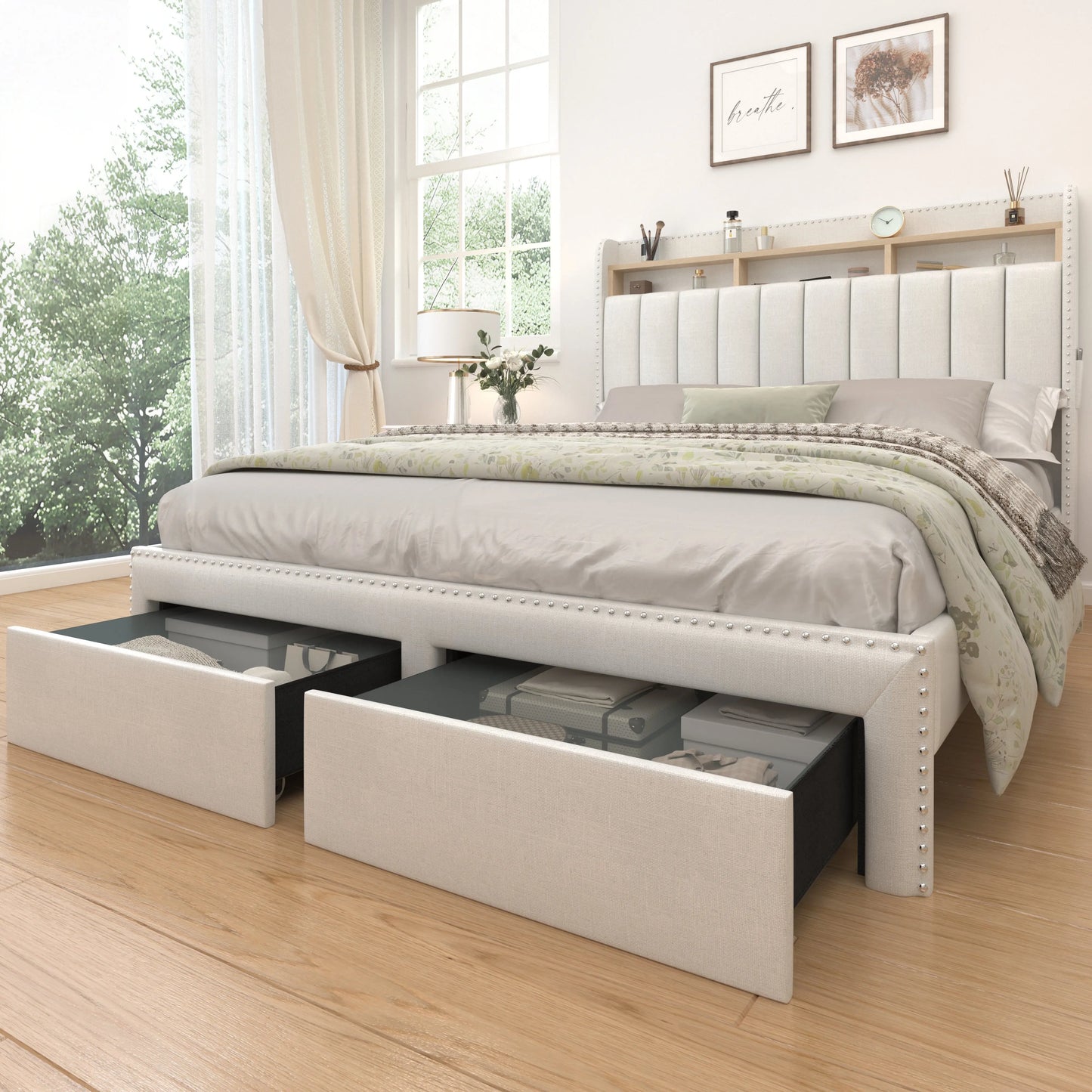 SIBEDS Queen LED Bed Frame with Drawers, Upholstered Platform Bed with 2-Tier Wingback Headboard, No Box Spring Required