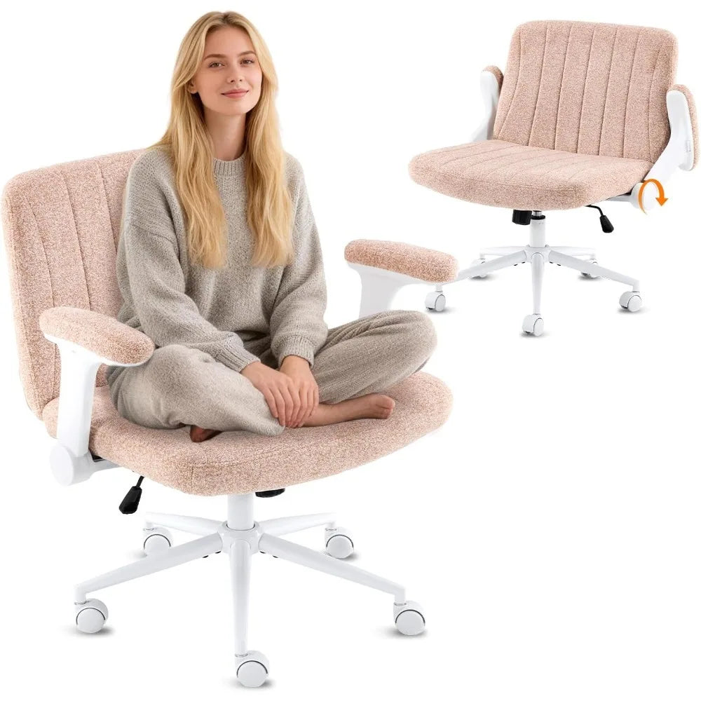 Criss Cross Chair with Adjustable Flip-Up Arms,Cross Legged Chair with Wheels, Extra Wide Office Chair,Cozy Desk Chair