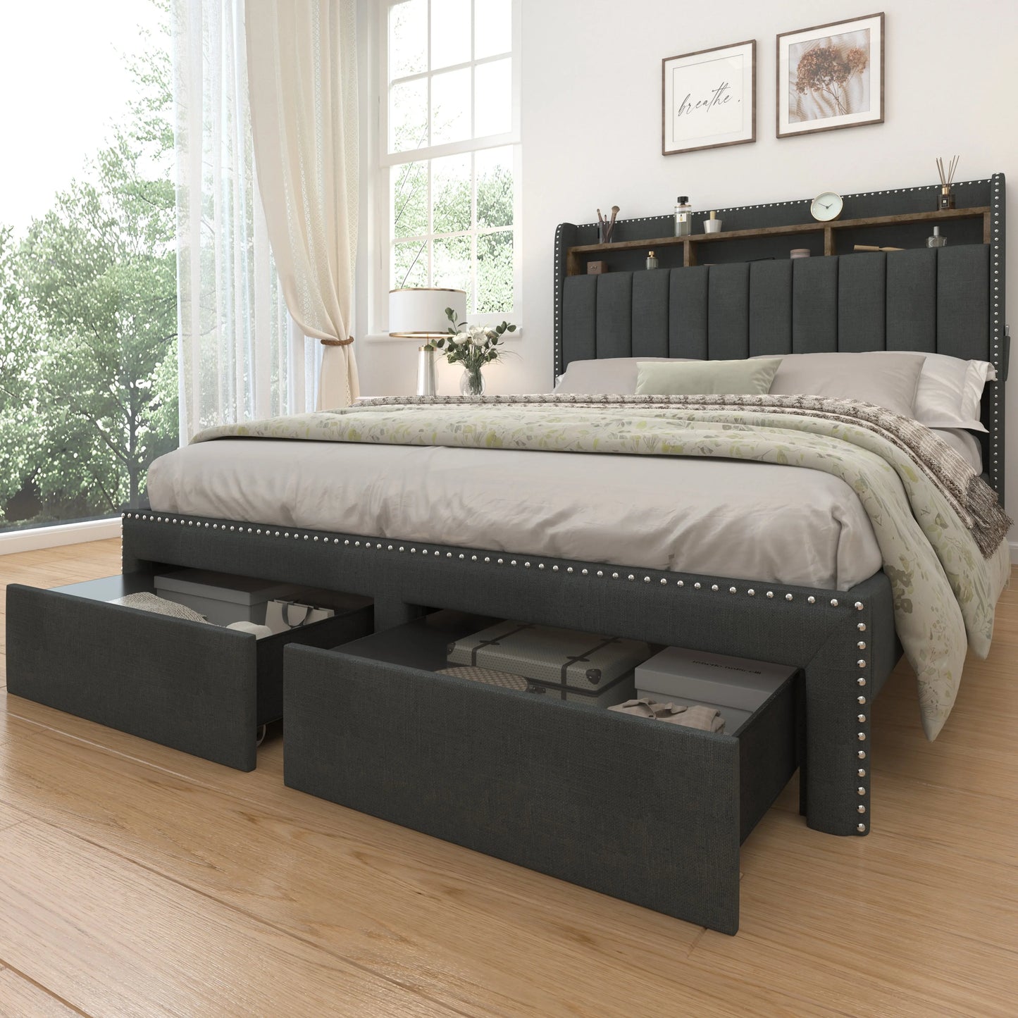 SIBEDS Queen LED Bed Frame with Drawers, Upholstered Platform Bed with 2-Tier Wingback Headboard, No Box Spring Required