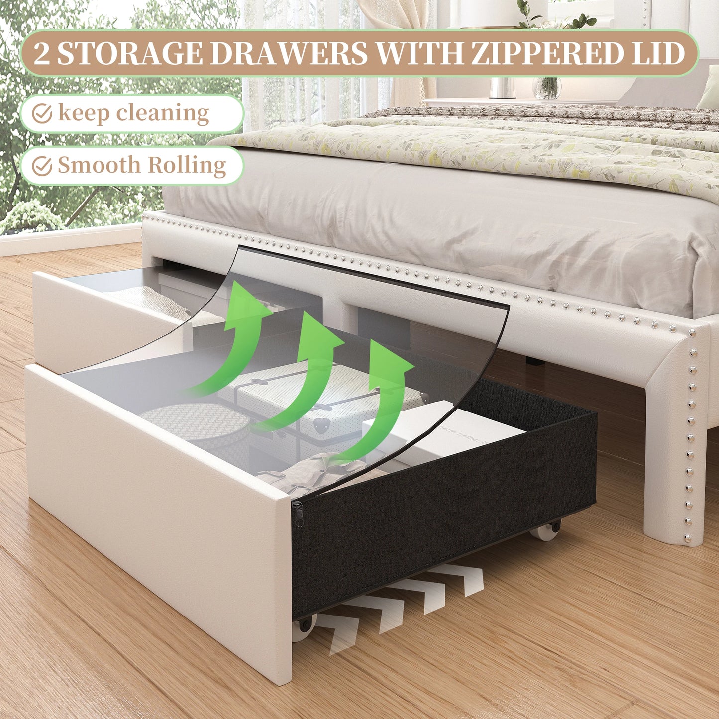 SIBEDS Queen LED Bed Frame with Drawers, Upholstered Platform Bed with 2-Tier Wingback Headboard, No Box Spring Required
