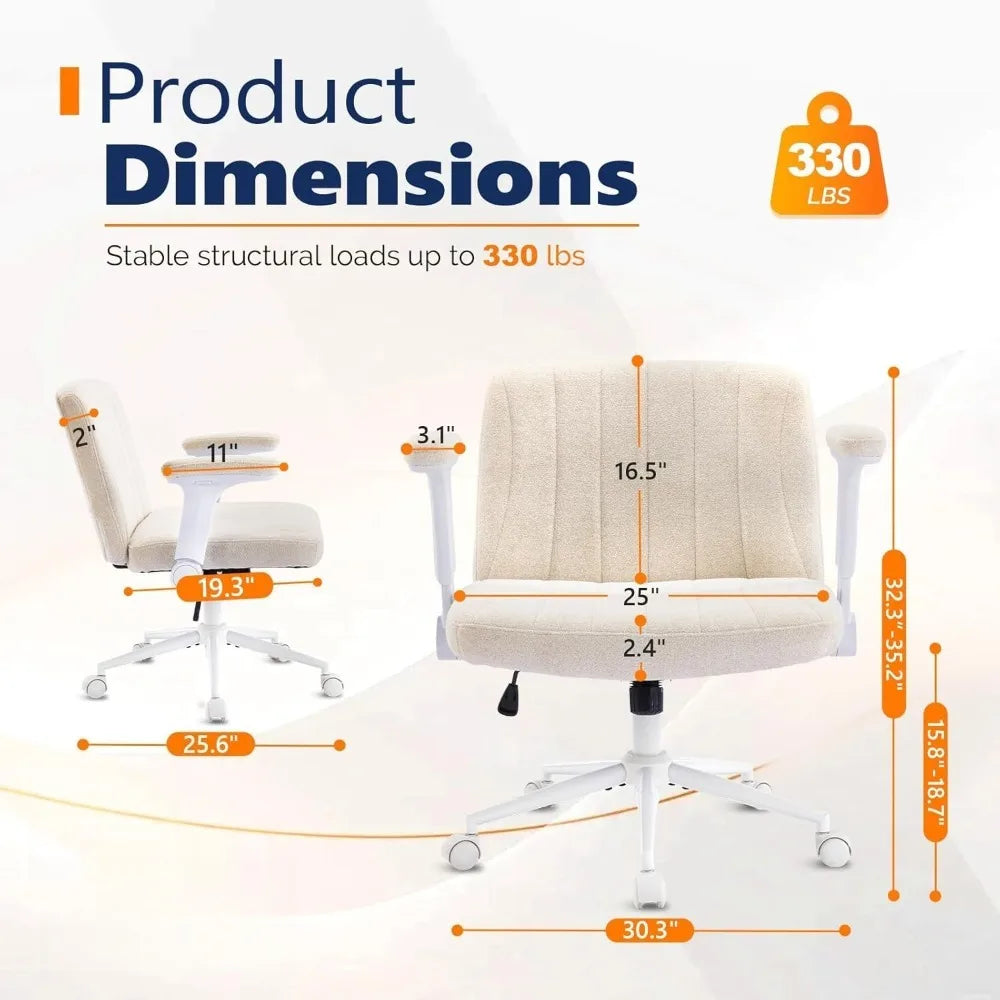 Criss Cross Chair with Adjustable Flip-Up Arms,Cross Legged Chair with Wheels, Extra Wide Office Chair,Cozy Desk Chair