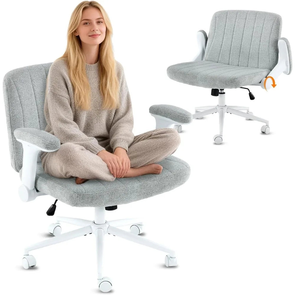 Criss Cross Chair with Adjustable Flip-Up Arms,Cross Legged Chair with Wheels, Extra Wide Office Chair,Cozy Desk Chair