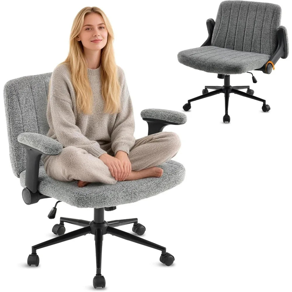 Criss Cross Chair with Adjustable Flip-Up Arms,Cross Legged Chair with Wheels, Extra Wide Office Chair,Cozy Desk Chair