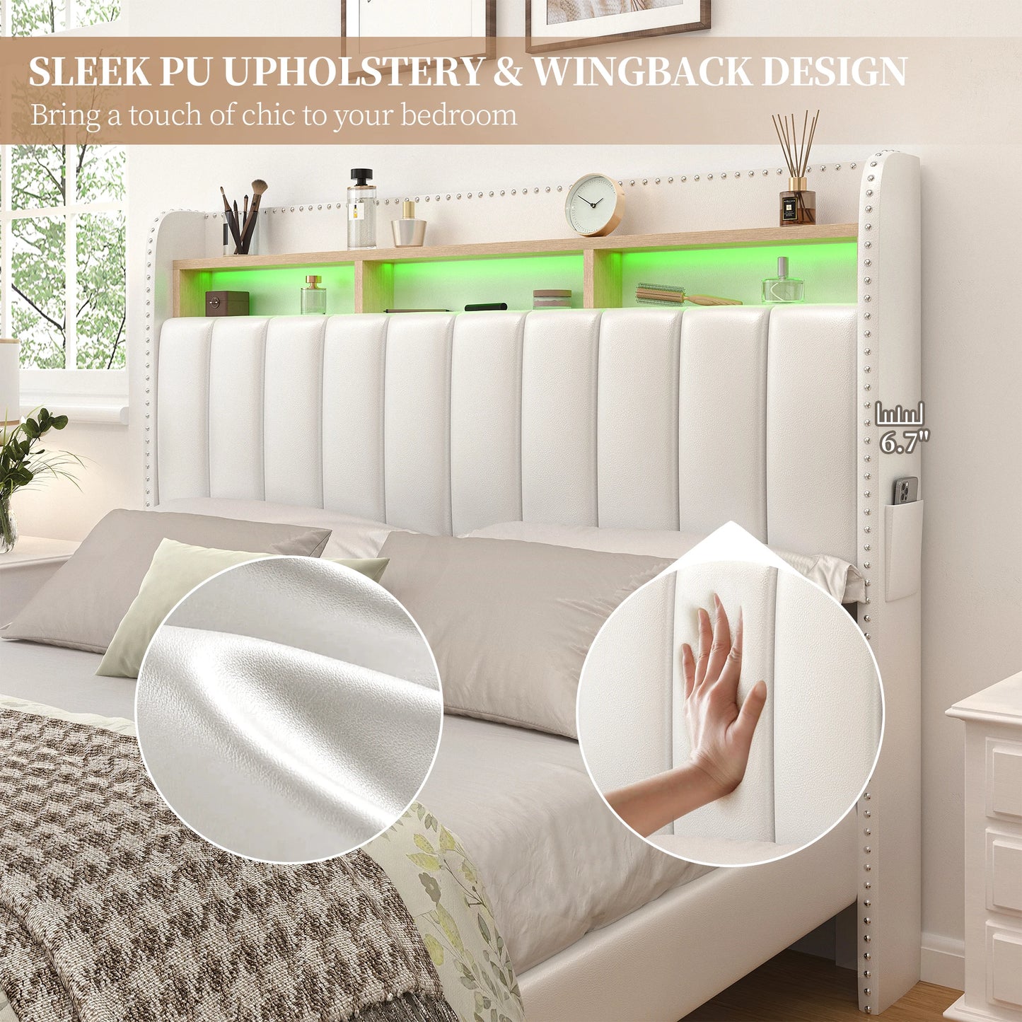 SIBEDS Queen LED Bed Frame with Drawers, Upholstered Platform Bed with 2-Tier Wingback Headboard, No Box Spring Required