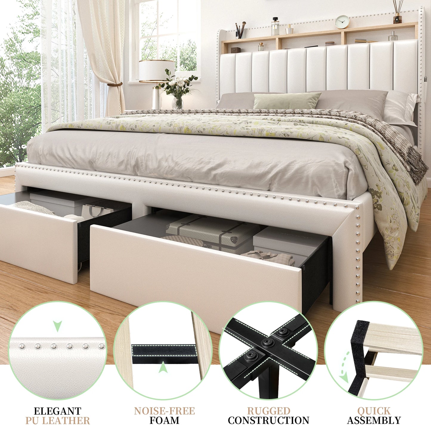 SIBEDS Queen LED Bed Frame with Drawers, Upholstered Platform Bed with 2-Tier Wingback Headboard, No Box Spring Required