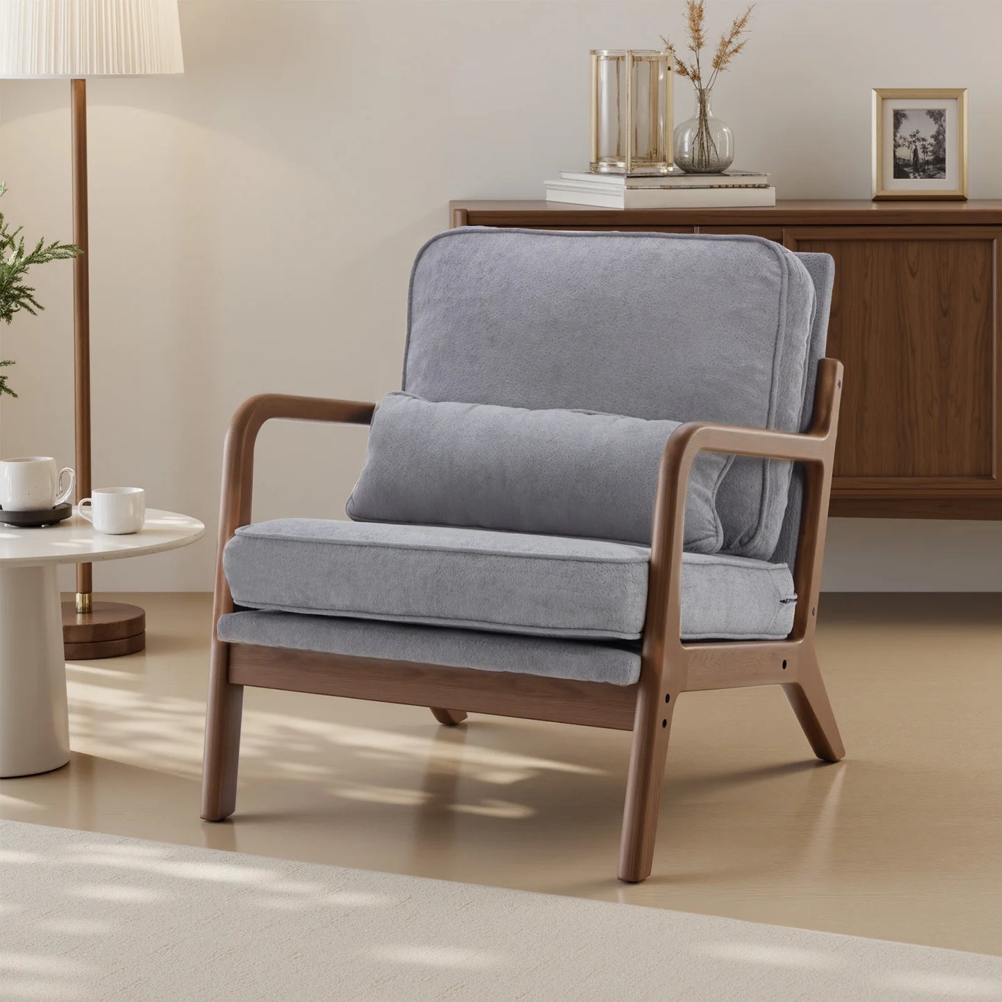 JHK Mid Century Modern Wood Frame Armchair With Cushion