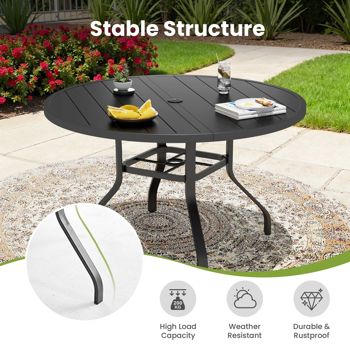 FARINI Outdoor Round Patio Dining Table With Umbrella Hole Metal