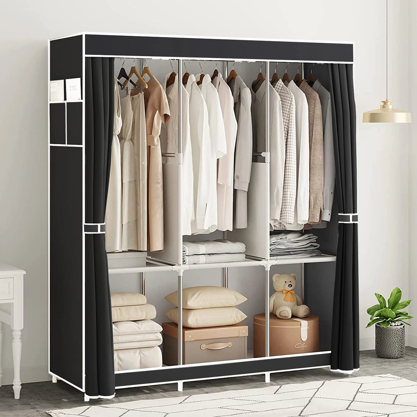 Portable Large Fabric Canvas Wardrobe with Clothes Hanging Rail Shelving Storage Closet Closet Rack Shelves