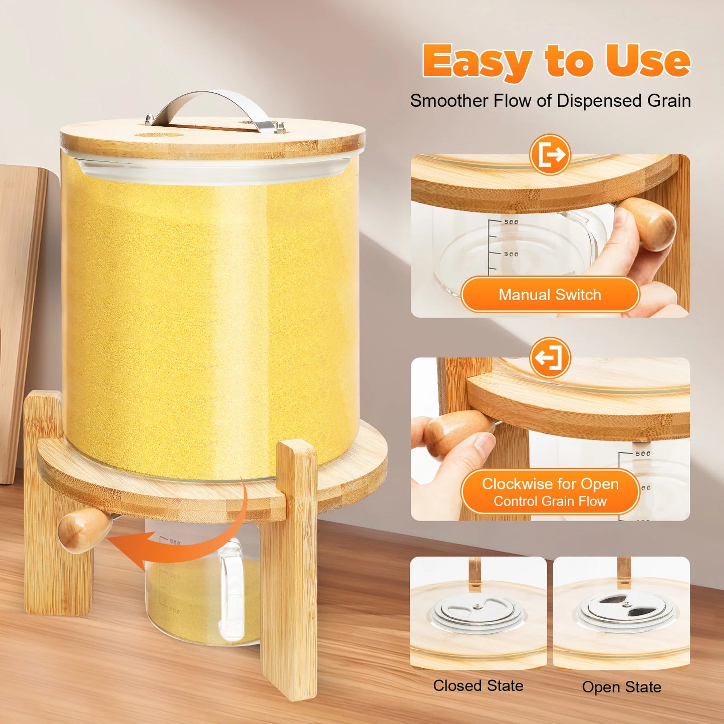 Airtight Glass Food Storage Container For Cereal Dispenser With Bamboo Lids