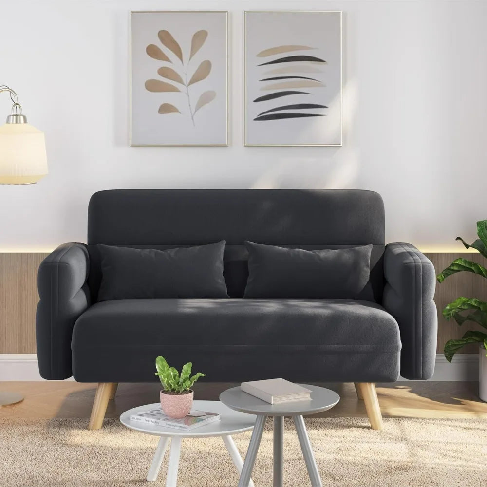 46" Mid Century Modern 2 Seater Fabric Sofa Loveseat Lumbar Pillows Solid Wood Legs Dark Gray Small Spaces Living Room Office
