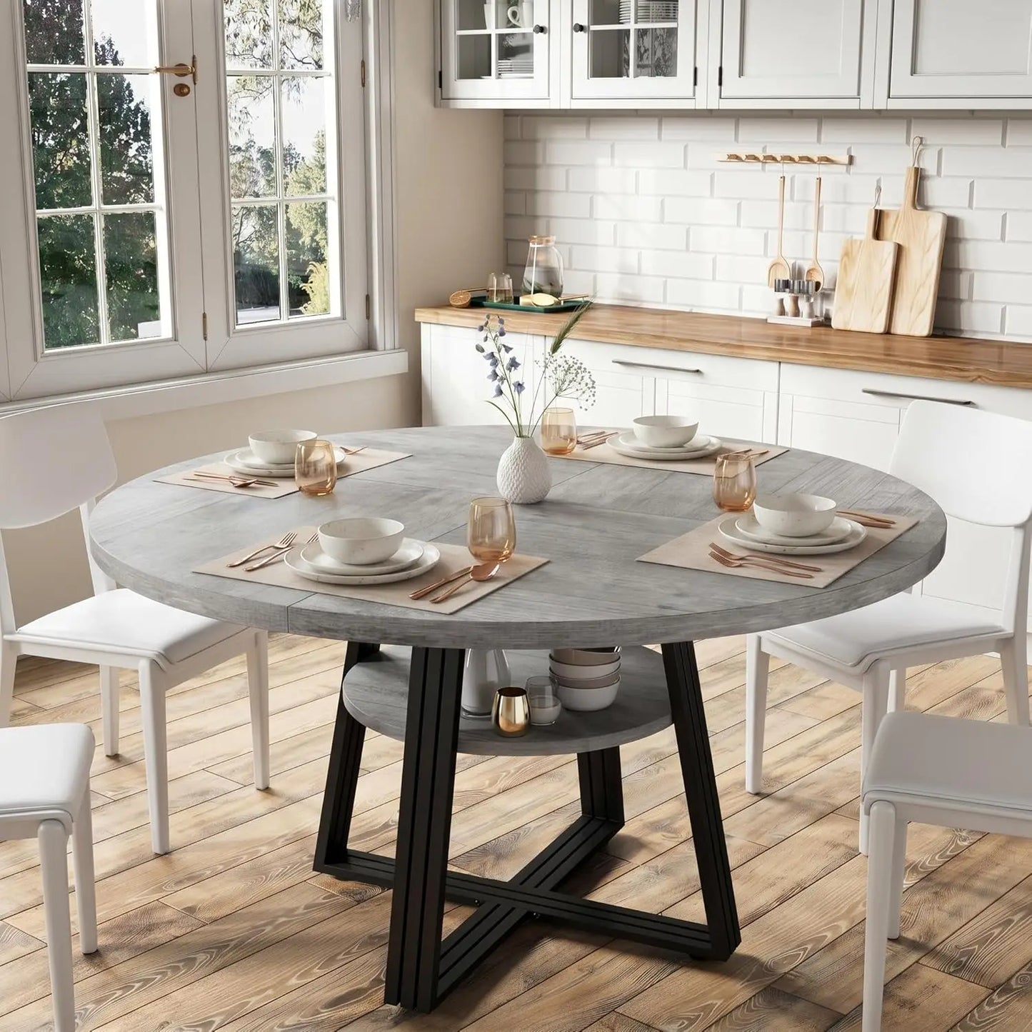 HobbyLane Farmhouse Round Dining Table With Scratch Proof Wood Top Seats 4 To 6