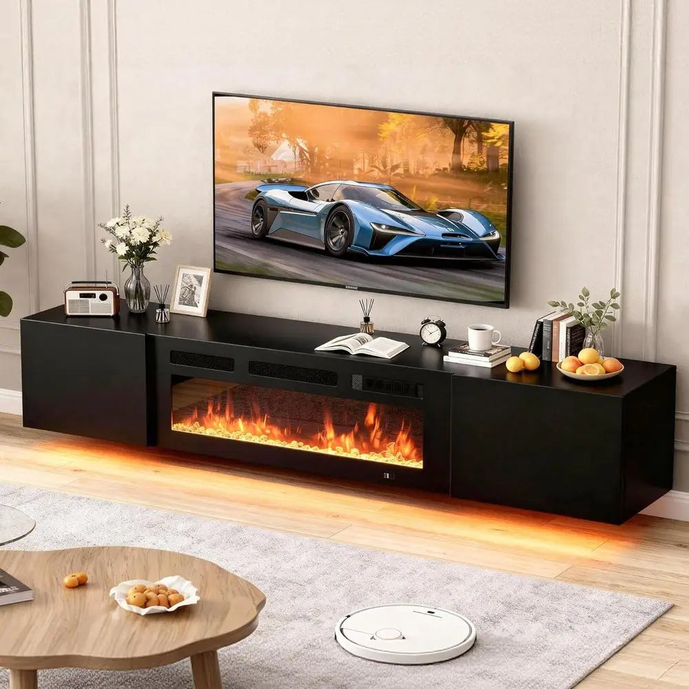 80'' Floating TV Stand with 40" Electric Fireplace, Modern TV Console Cabinet Wall Mounted, Media Entertainment Center, Adjustab
