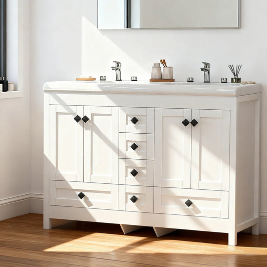47'' Double-Sink Freestanding Vanity with Drawers & Cabinet White Modern Bathroom Storage Vanity Set for Home Bath Organizer