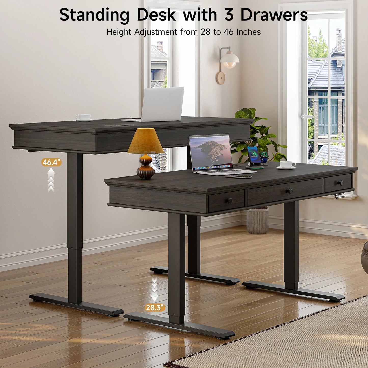 Standing Desk, Height Adjustable Desk with Storage & Outlets, 55 x 23  Inch Electric Table for Office,  Curved Stand Up Desk