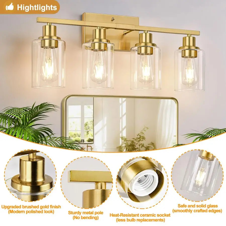 Vanity Lights with Clear Glass Shades, Brushed Gold Bathroom Light Fixtures Over Mirror, Modern Bathroom Wall Lamp for Mirror Li