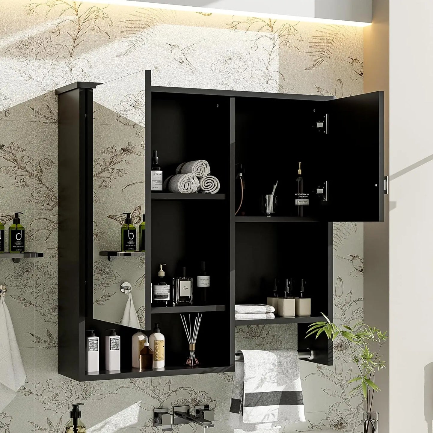 Medicine Cabinet for Bathroom, Wall Mount Bathroom Cabinet with Mirror, Open Shelf, and Towel Bar, 29.5" W x 28.7", Customized