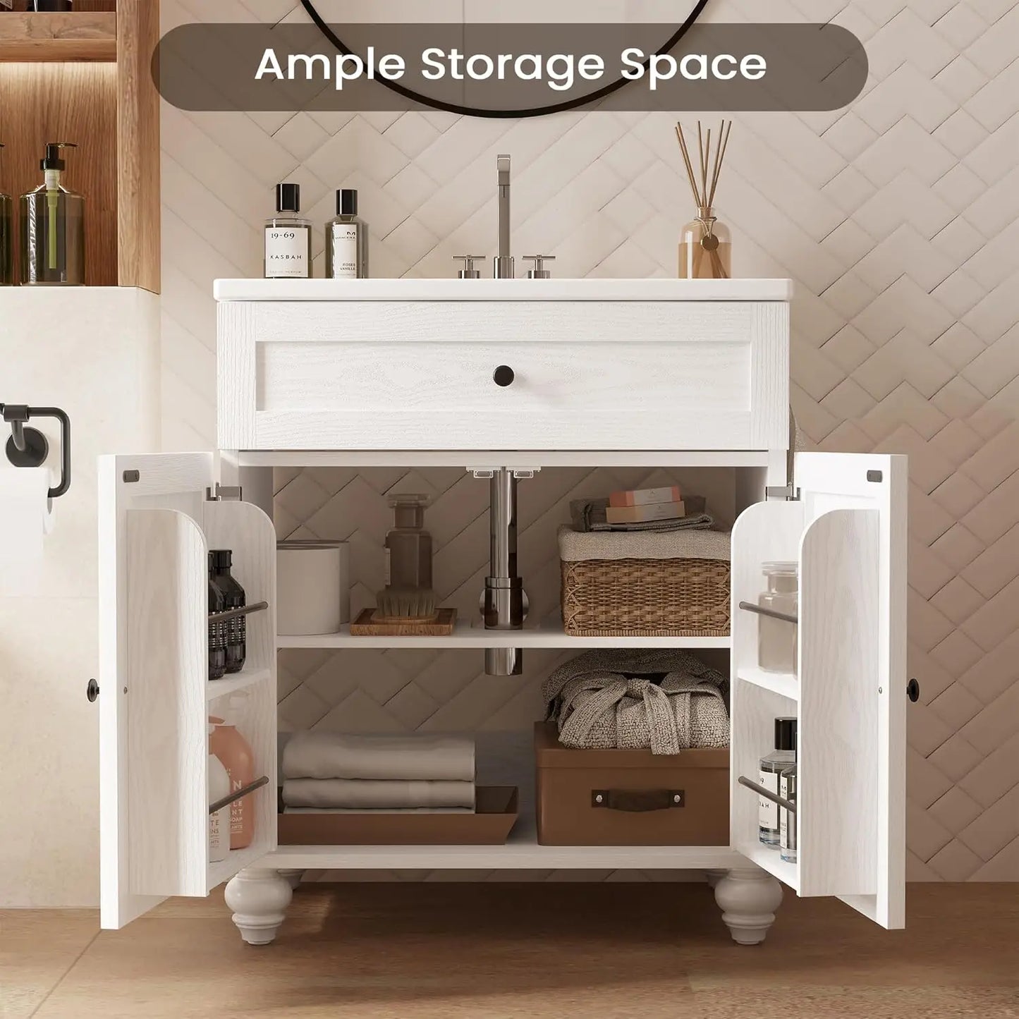30 Inch Bathroom Vanity with Sink Easy-to-Install Farmhouse Bathroom Sink 2-Tier Storage Areas with Adjustable, Customized