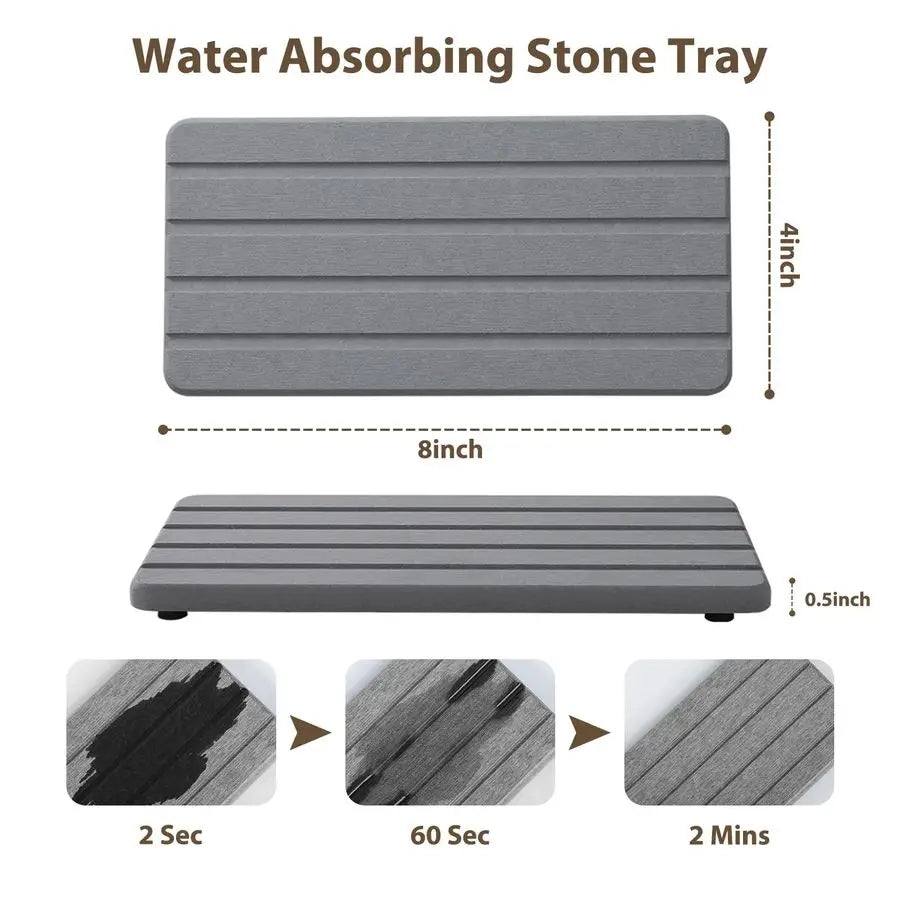 Stone Bath Mat for Bathroom with Absorbing Tray, 2Piece Set Includes 24x16 Inch Quick Drying Diatomaceous Earth Bath Mat amp 8x4