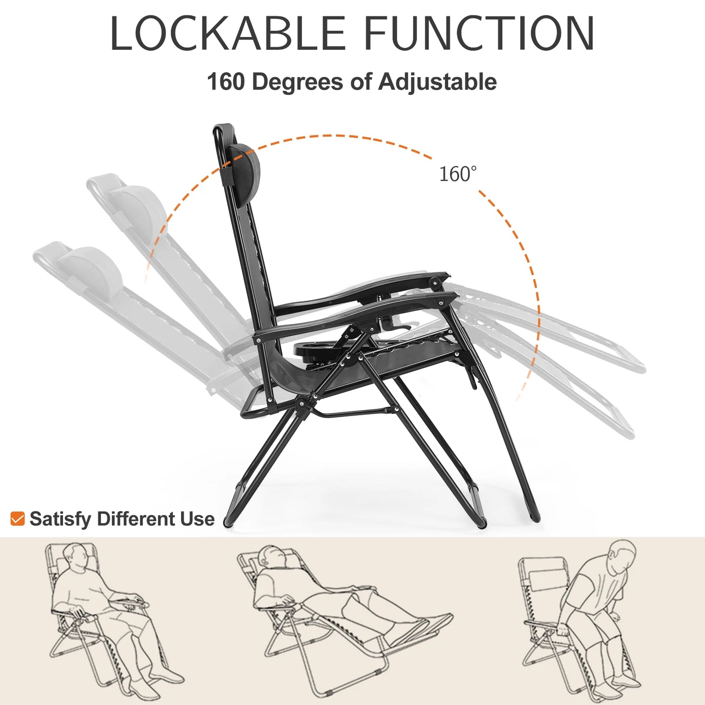 JHK Zero Gravity Portable Recliner Outdoor Patio Cup Holder Trays