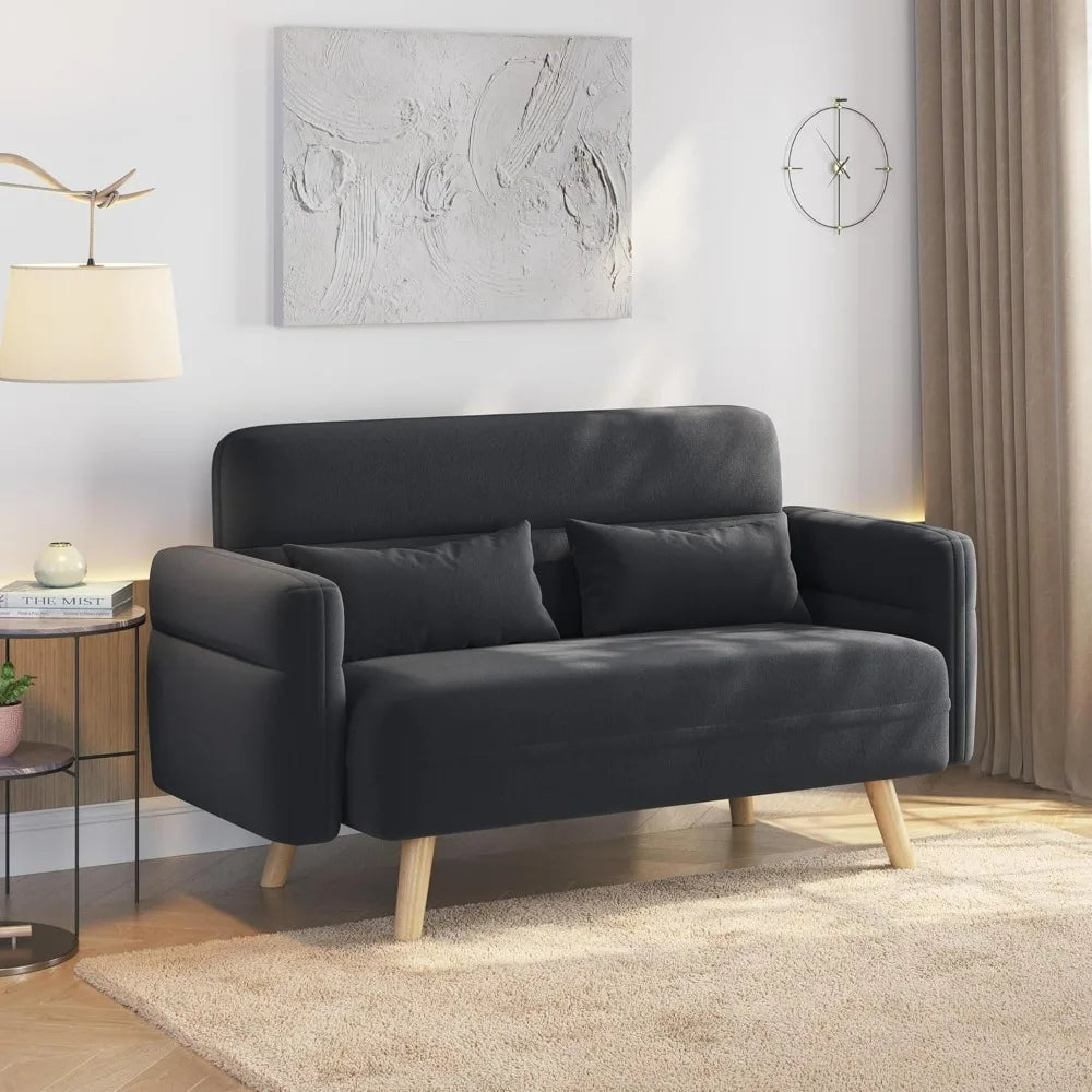 46" Mid Century Modern 2 Seater Fabric Sofa Loveseat Lumbar Pillows Solid Wood Legs Dark Gray Small Spaces Living Room Office