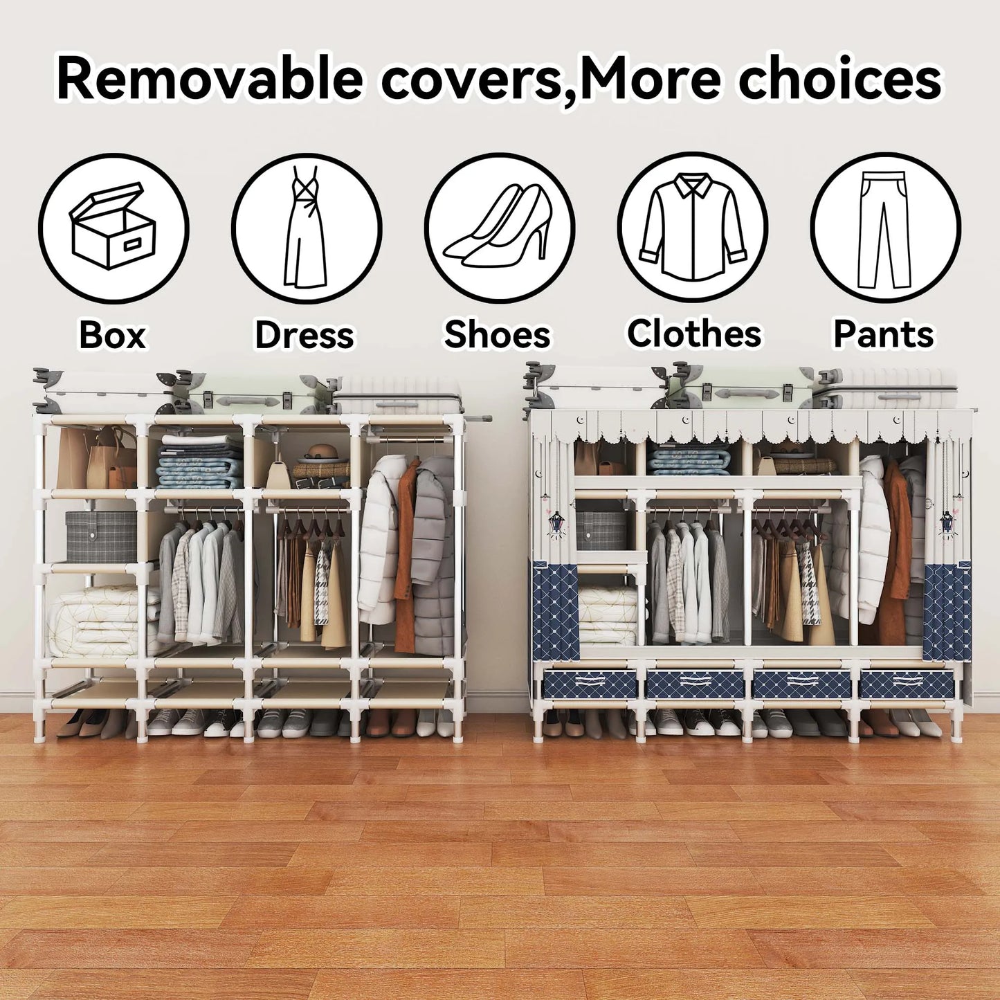 Portable Wardrobe clothes Closet Hanging Organization Metal Frame 5 Storage Compartments 3 Hanging Rods 4 Drawers shoe rack