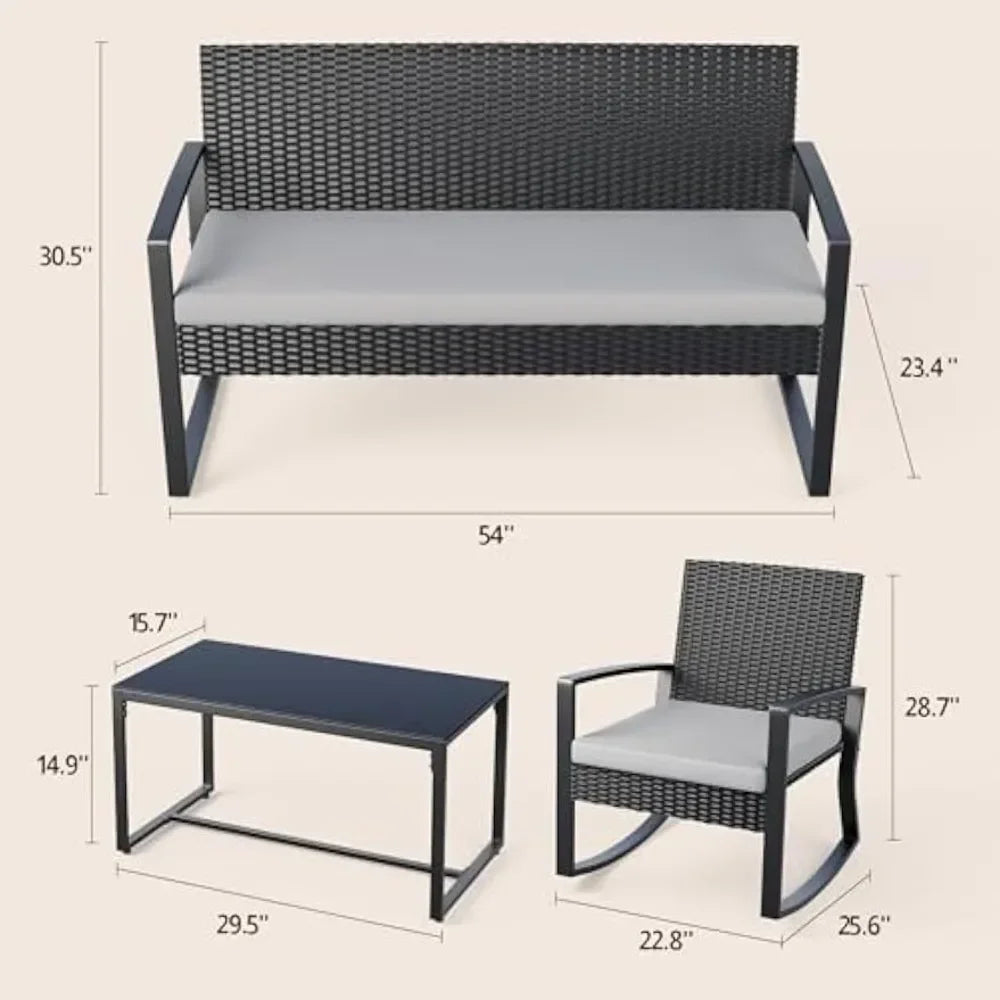 Outdoor Wicker Patio Set With Glass Coffee Table Rocking Bistro