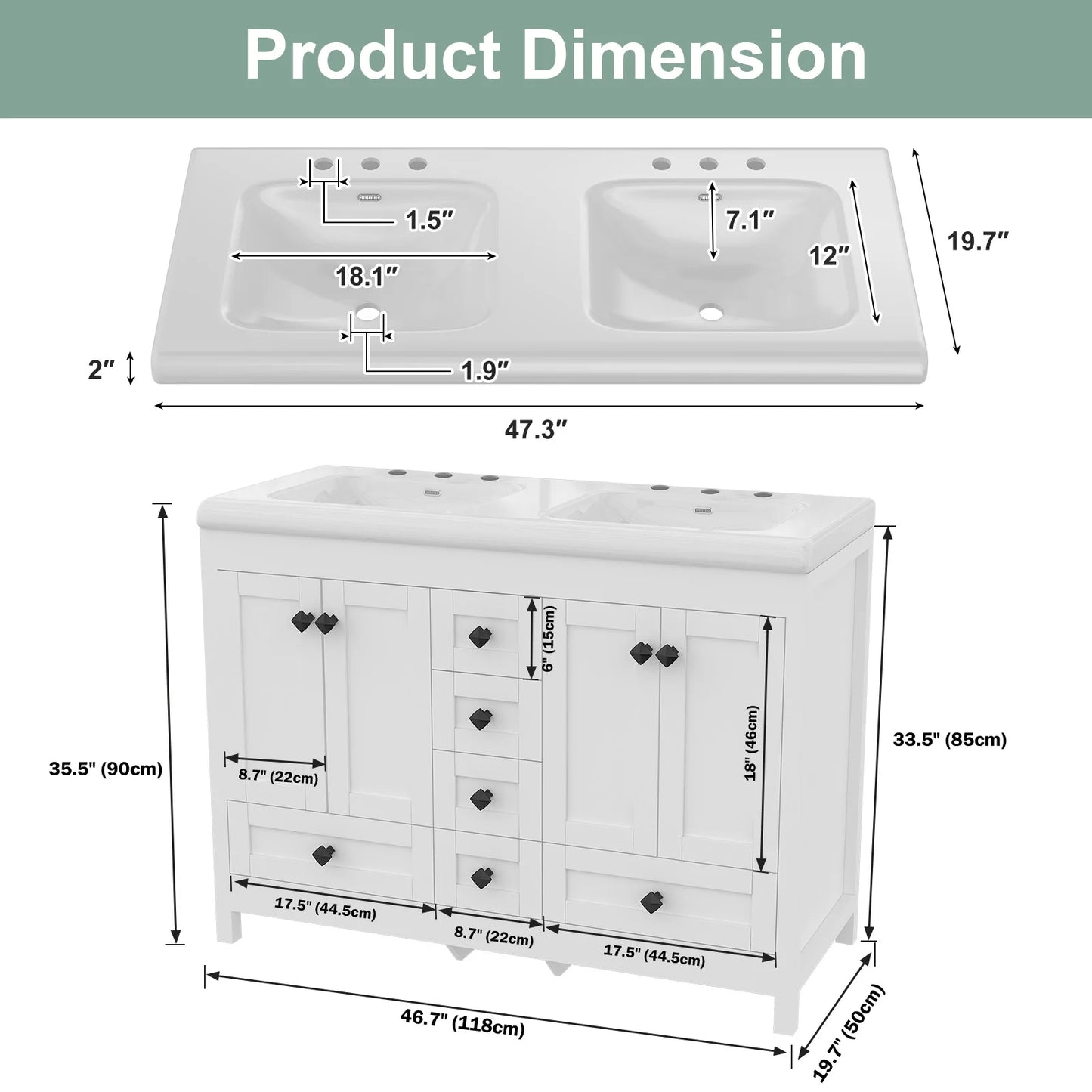 47'' Double-Sink Freestanding Vanity with Drawers & Cabinet White Modern Bathroom Storage Vanity Set for Home Bath Organizer