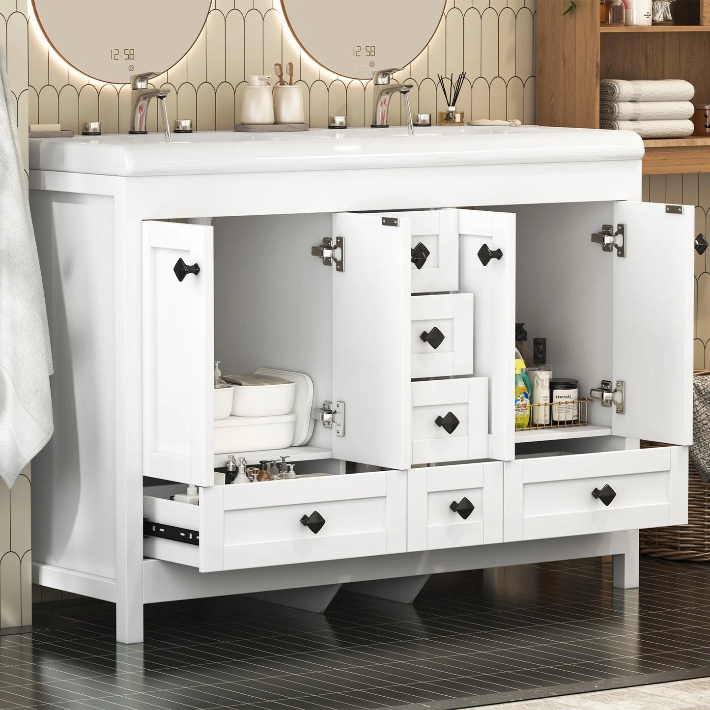 47'' Double-Sink Freestanding Vanity with Drawers & Cabinet White Modern Bathroom Storage Vanity Set for Home Bath Organizer