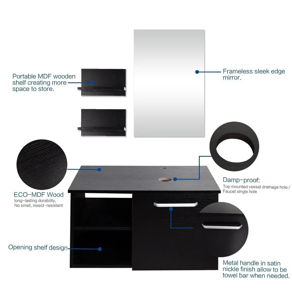 28'' Floating Bathroom Vanity Black Cabinet with Sink Vessel Side Shelves Mirror