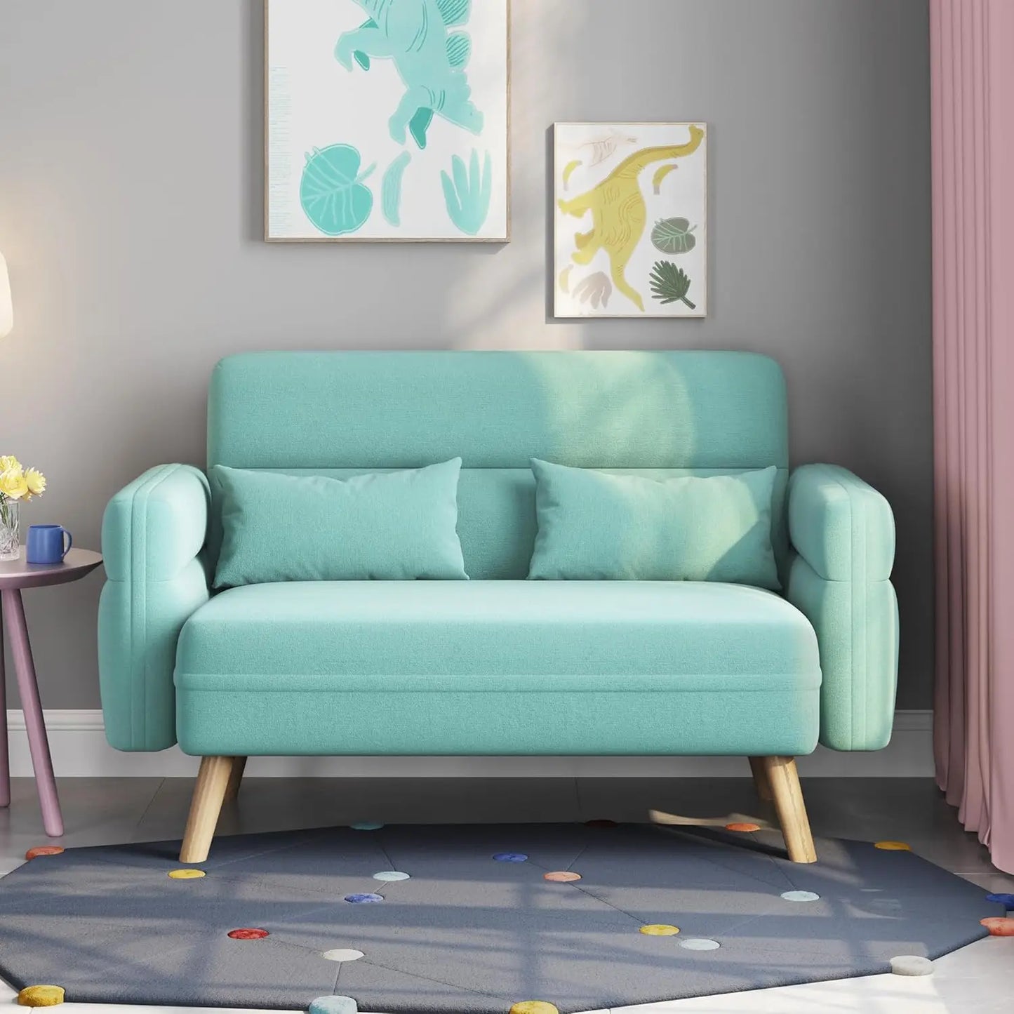 46" Mid Century Modern 2 Seater Fabric Sofa Loveseat Lumbar Pillows Solid Wood Legs Dark Gray Small Spaces Living Room Office