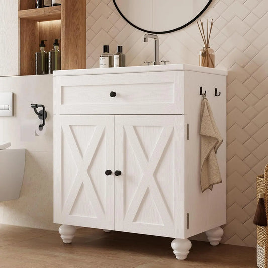 30 Inch Bathroom Vanity with Sink Easy-to-Install Farmhouse Bathroom Sink 2-Tier Storage Areas with Adjustable, Customized