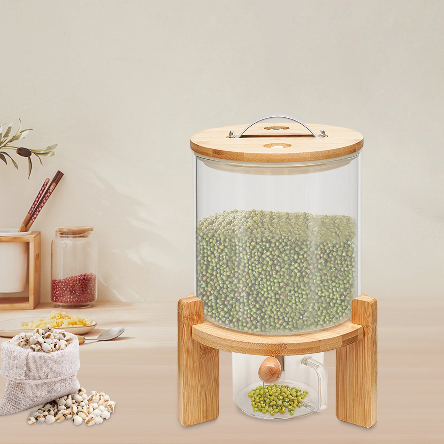 Airtight Glass Food Storage Container For Cereal Dispenser With Bamboo Lids