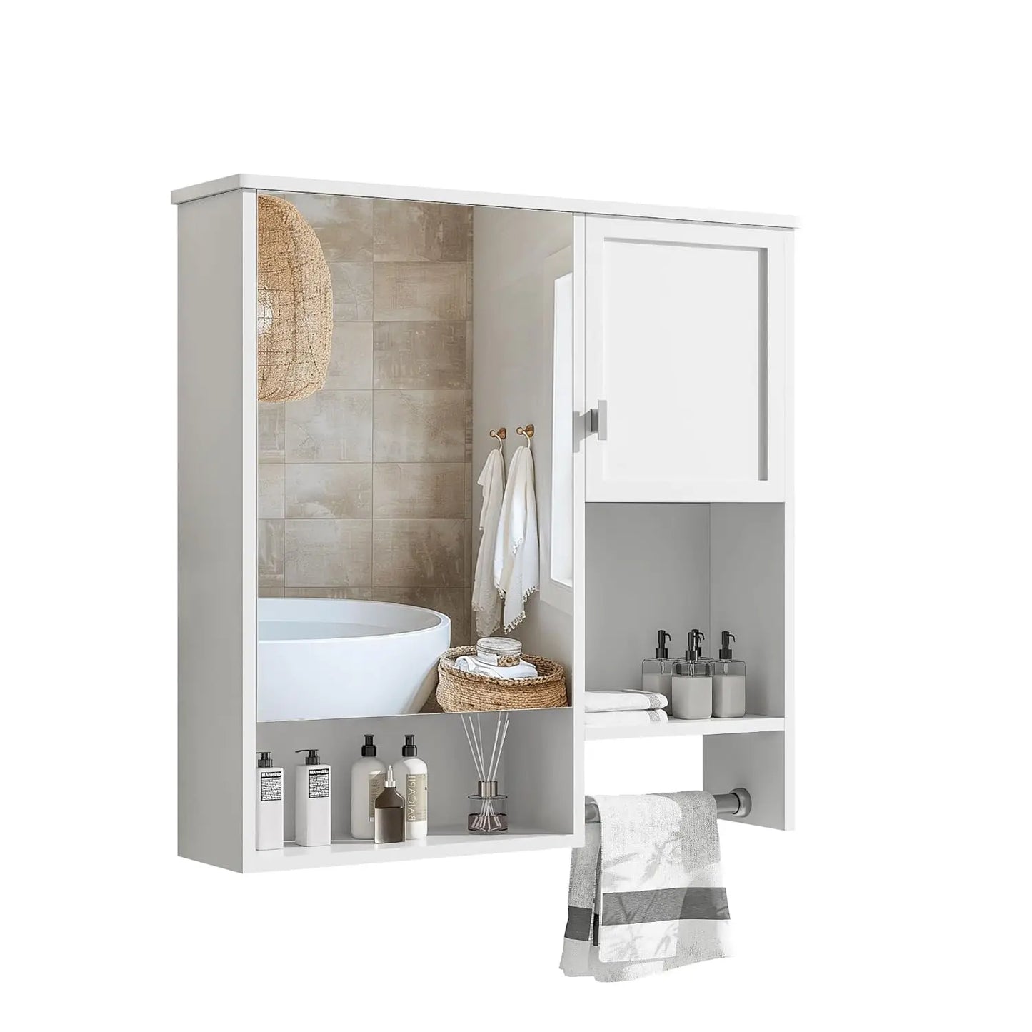 Medicine Cabinet for Bathroom, Wall Mount Bathroom Cabinet with Mirror, Open Shelf, and Towel Bar, 29.5" W x 28.7", Customized