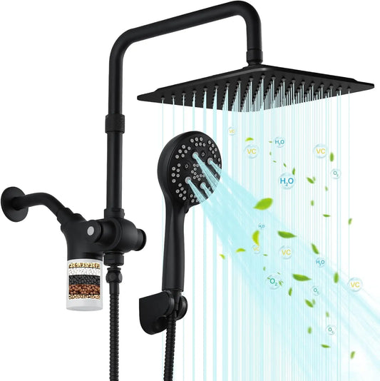 10-Inch Filtered Shower Head with 7 Settings, High Pressure Dual Shower Combo and Adjustable Height in Matte Black