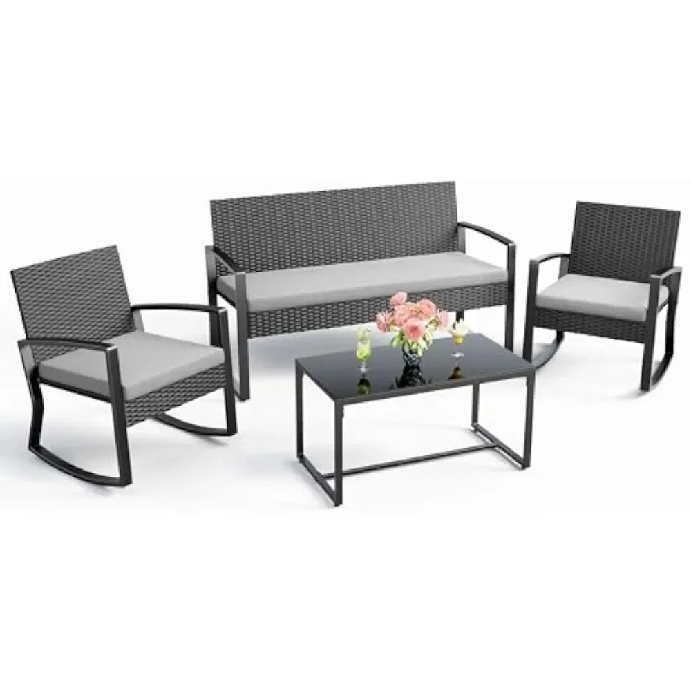 Outdoor Wicker Patio Set With Glass Coffee Table Rocking Bistro