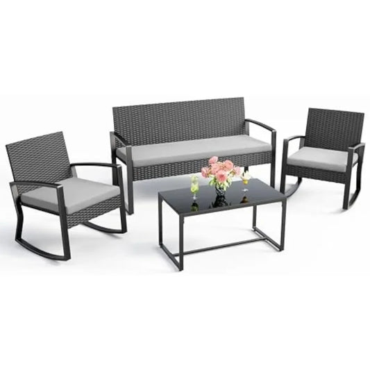 Outdoor Wicker Patio Set With Glass Coffee Table Rocking Bistro