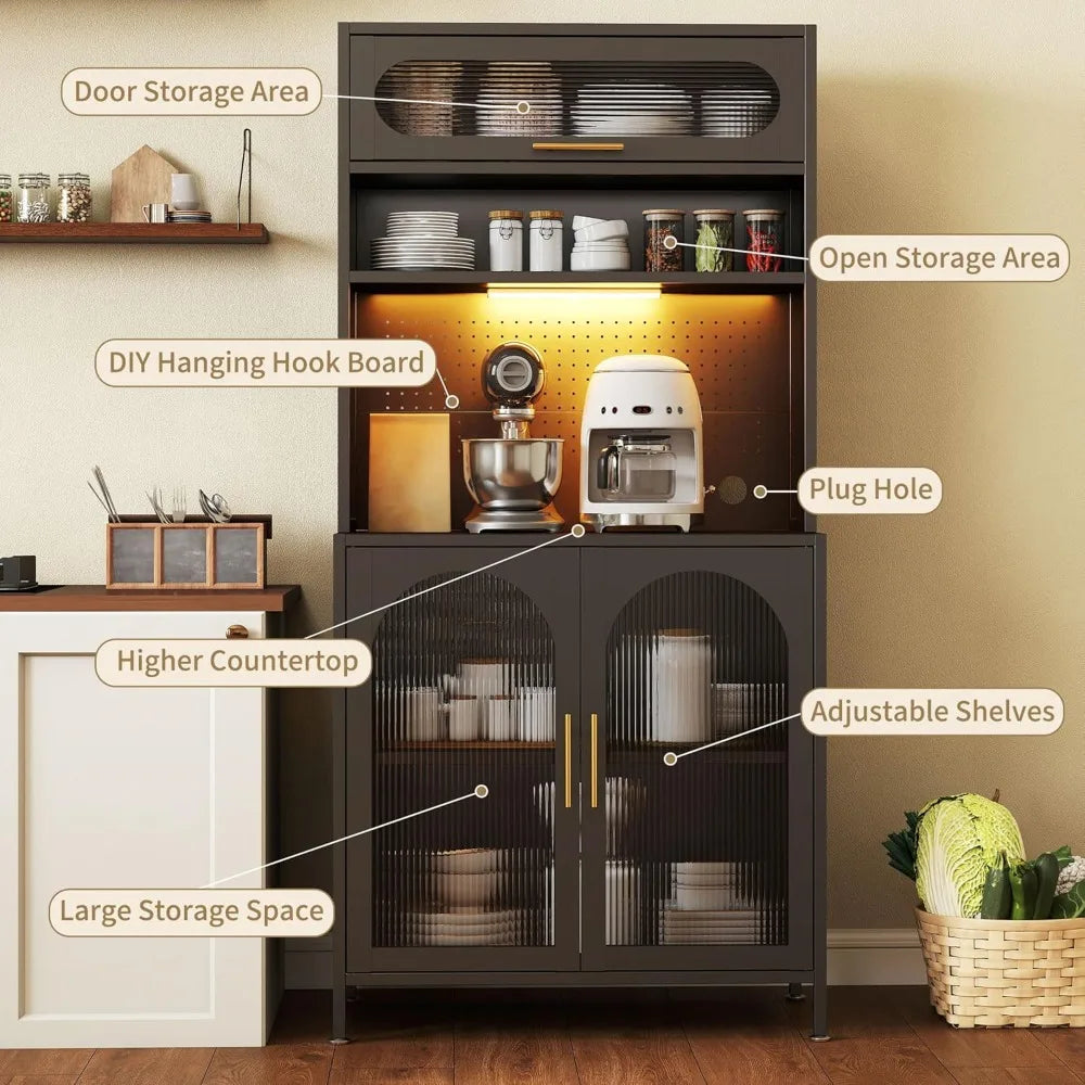 Kitchen Pantry Cabinet With LED Light And Adjustable Shelves