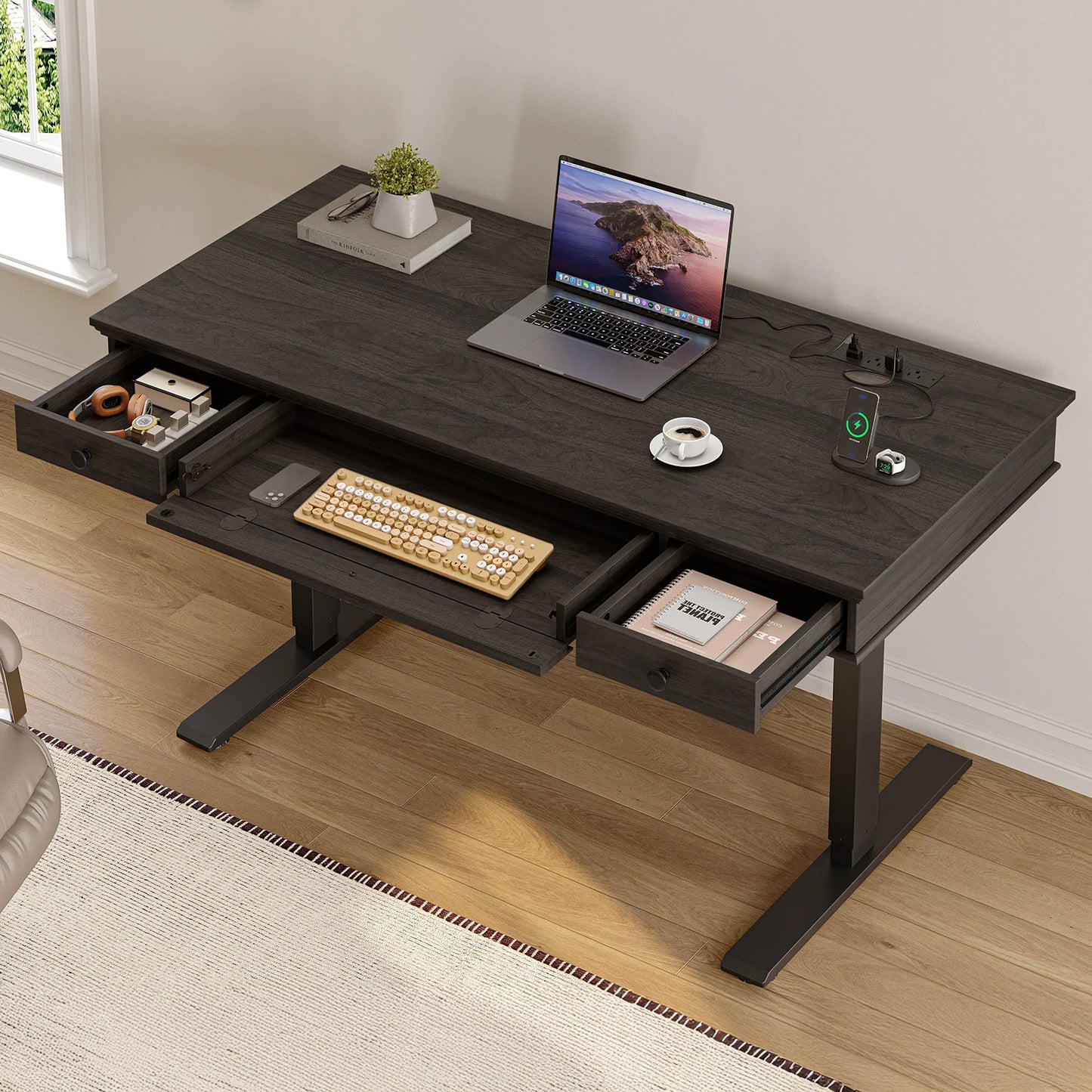 Standing Desk, Height Adjustable Desk with Storage & Outlets, 55 x 23  Inch Electric Table for Office,  Curved Stand Up Desk