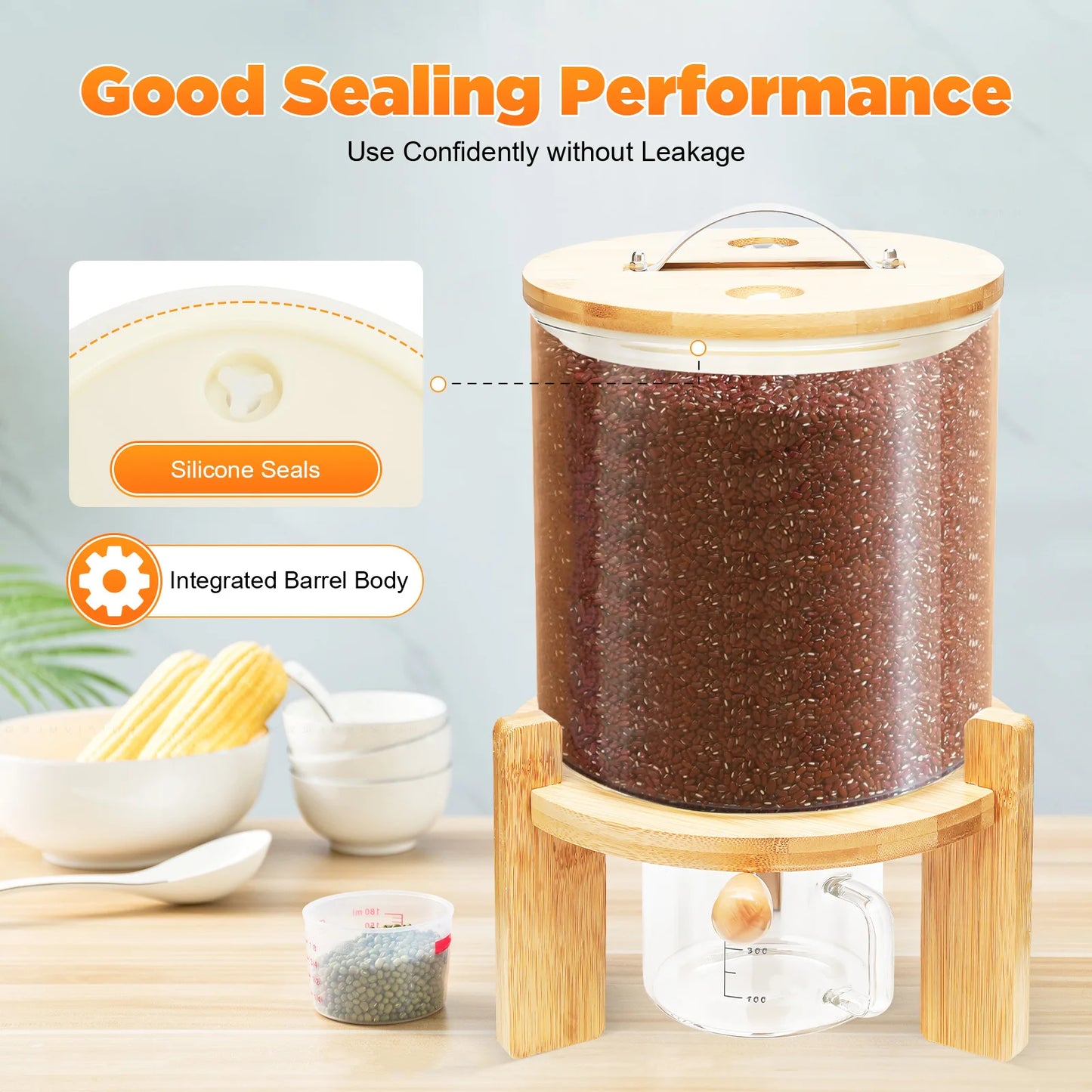 Airtight Glass Food Storage Container For Cereal Dispenser With Bamboo Lids