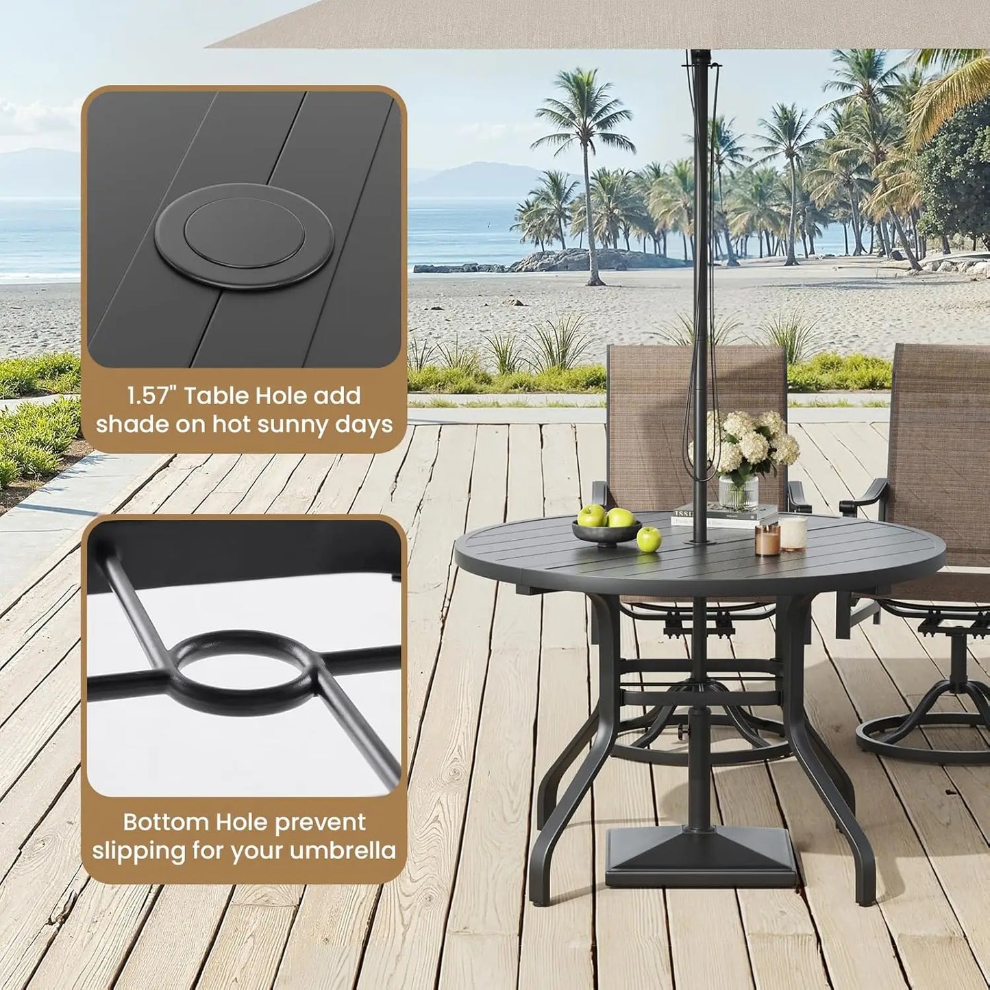 FARINI Outdoor Round Patio Dining Table With Umbrella Hole Metal