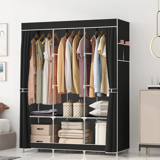 Portable Large Fabric Canvas Wardrobe with Clothes Hanging Rail Shelving Storage Closet Closet Rack Shelves