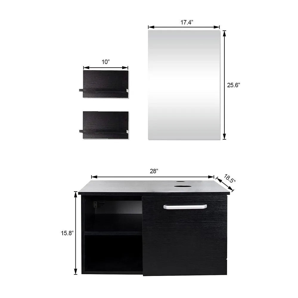 28'' Floating Bathroom Vanity Black Cabinet with Sink Vessel Side Shelves Mirror
