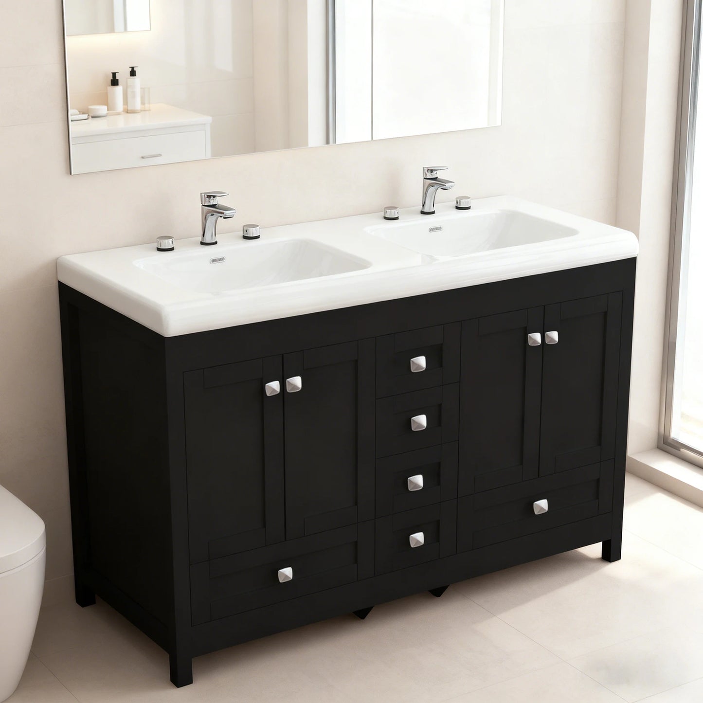 47'' Double-Sink Freestanding Vanity with Drawers & Cabinet White Modern Bathroom Storage Vanity Set for Home Bath Organizer